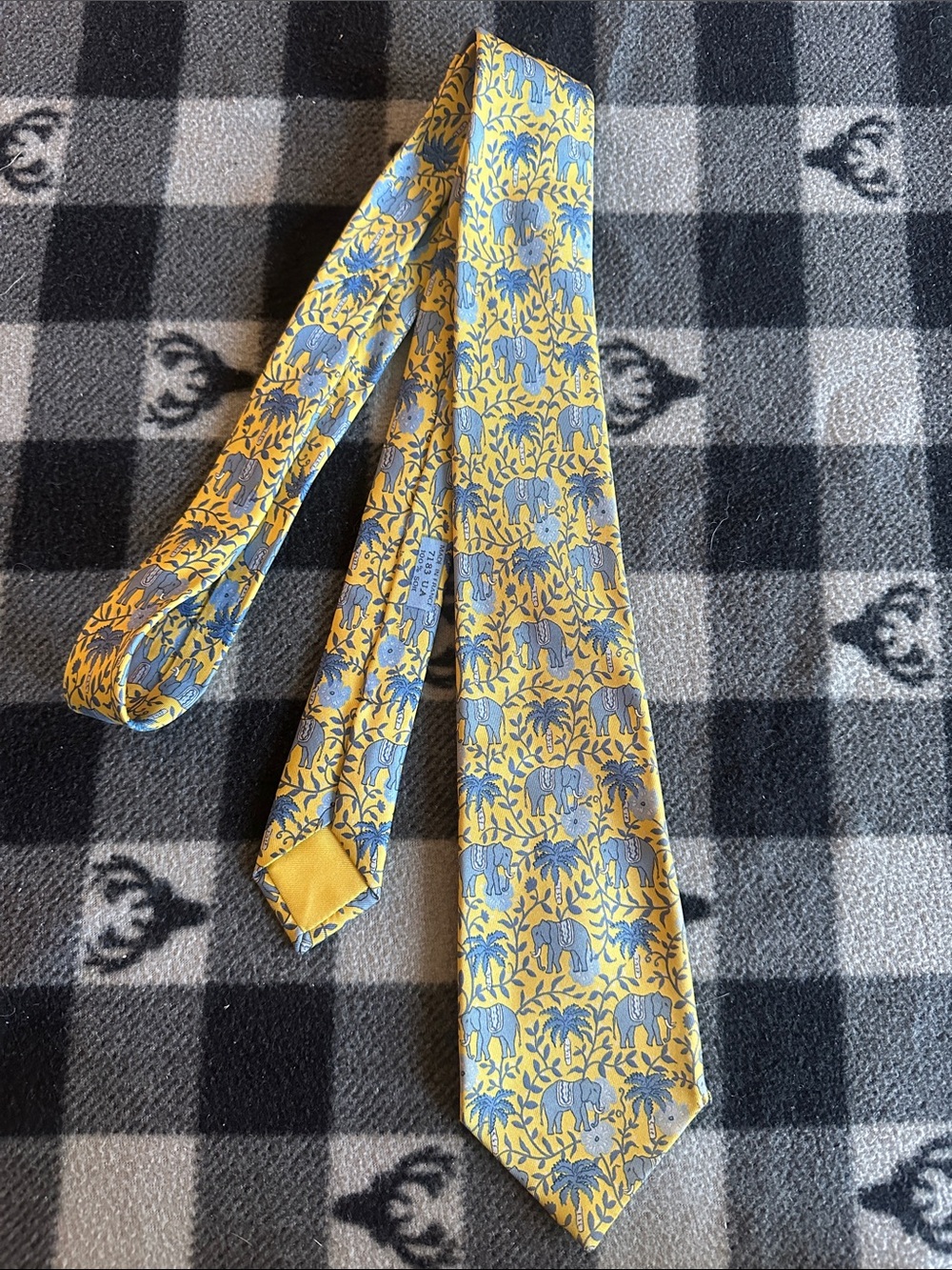 Hermes Yellow Silk Tie with Light Blue Elephant Motif